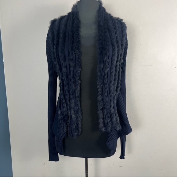 Neiman Marcus Navy Rabbit Fur detailed ribbed cardigan size medium - Picture 1 of 7